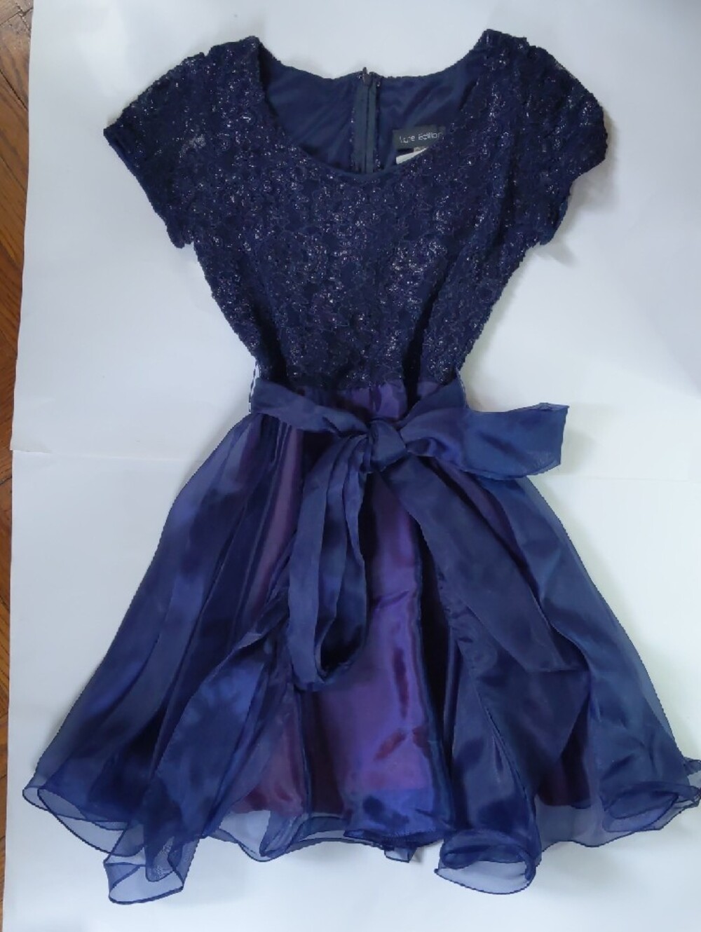 Navy Blue Lace & Chiffon Fit-and-Flare Dress - Picture 4 of 15